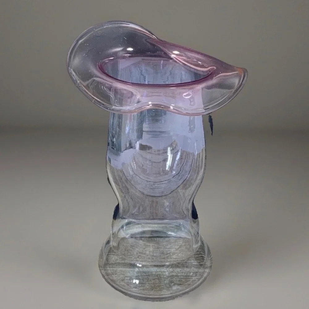Hand Blown Art Glass Vase Pink Ruffled Fold Over Rim Clear Pedestal Base MCM